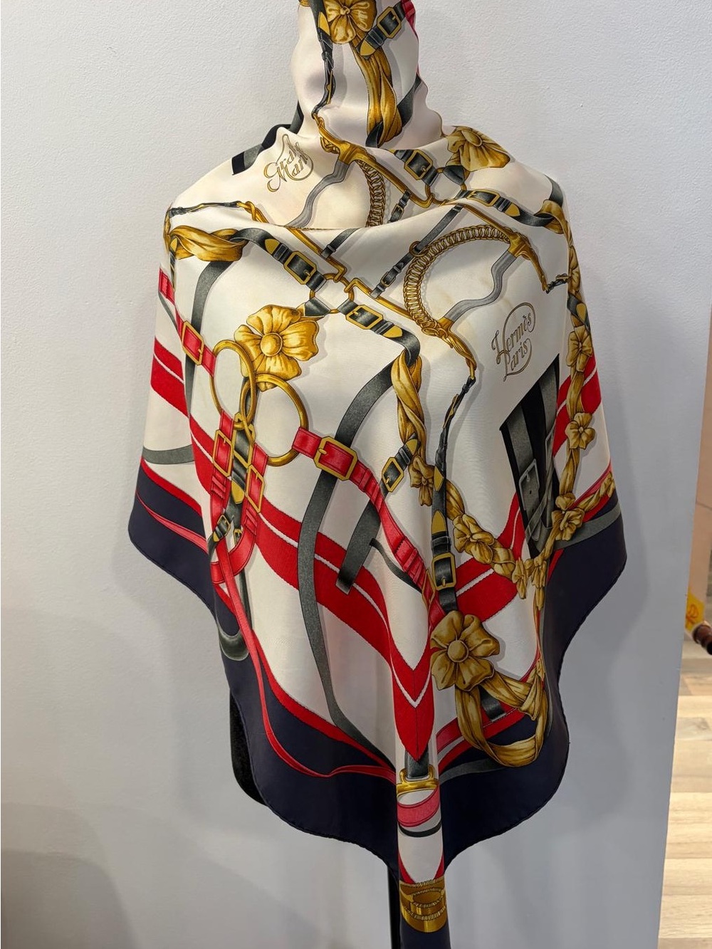 Hermes White, Red & Gold Silk Scarf with Equestrian Chain Motif